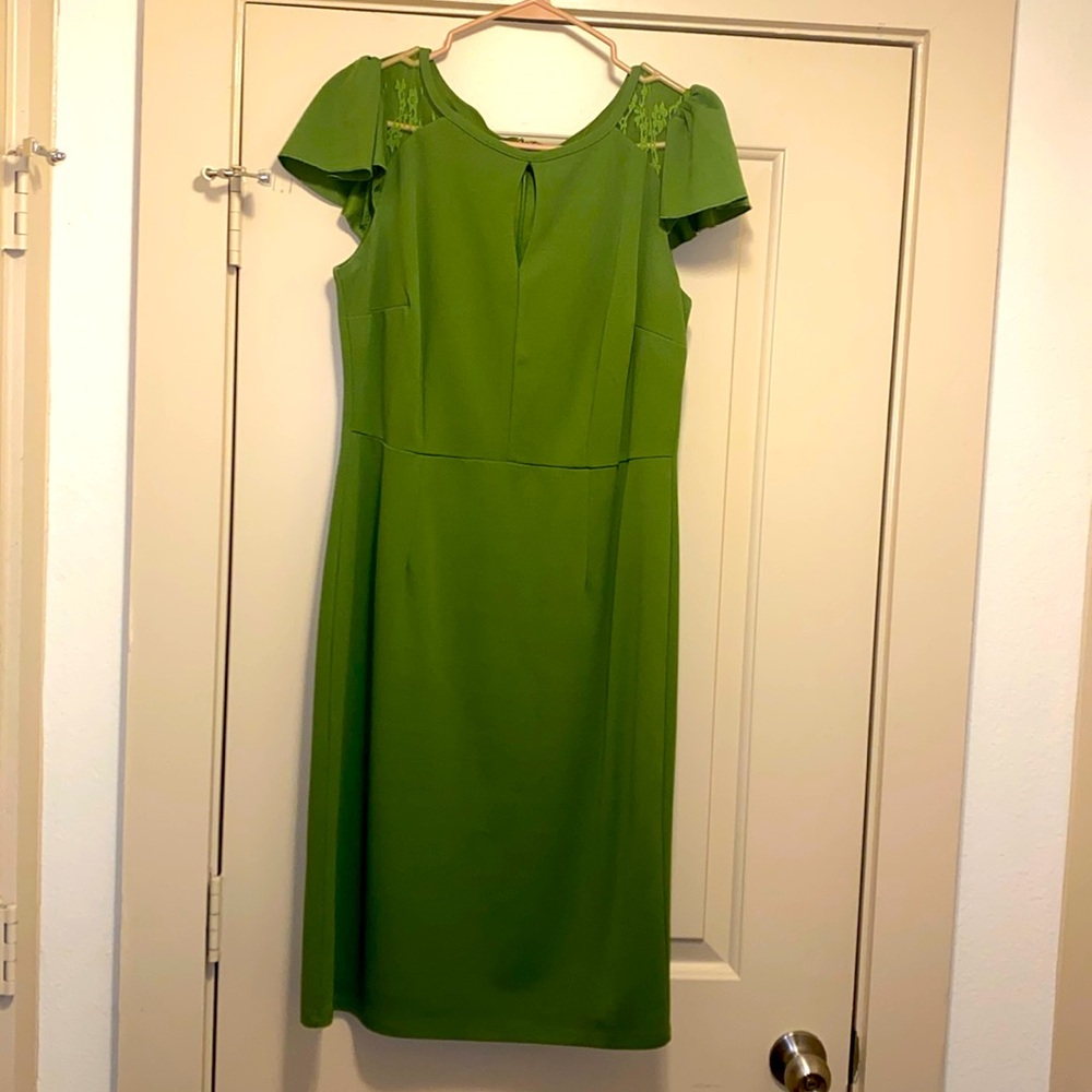 New York & Company beautiful olive green, lined,dress!  Lace detail at shoulder!